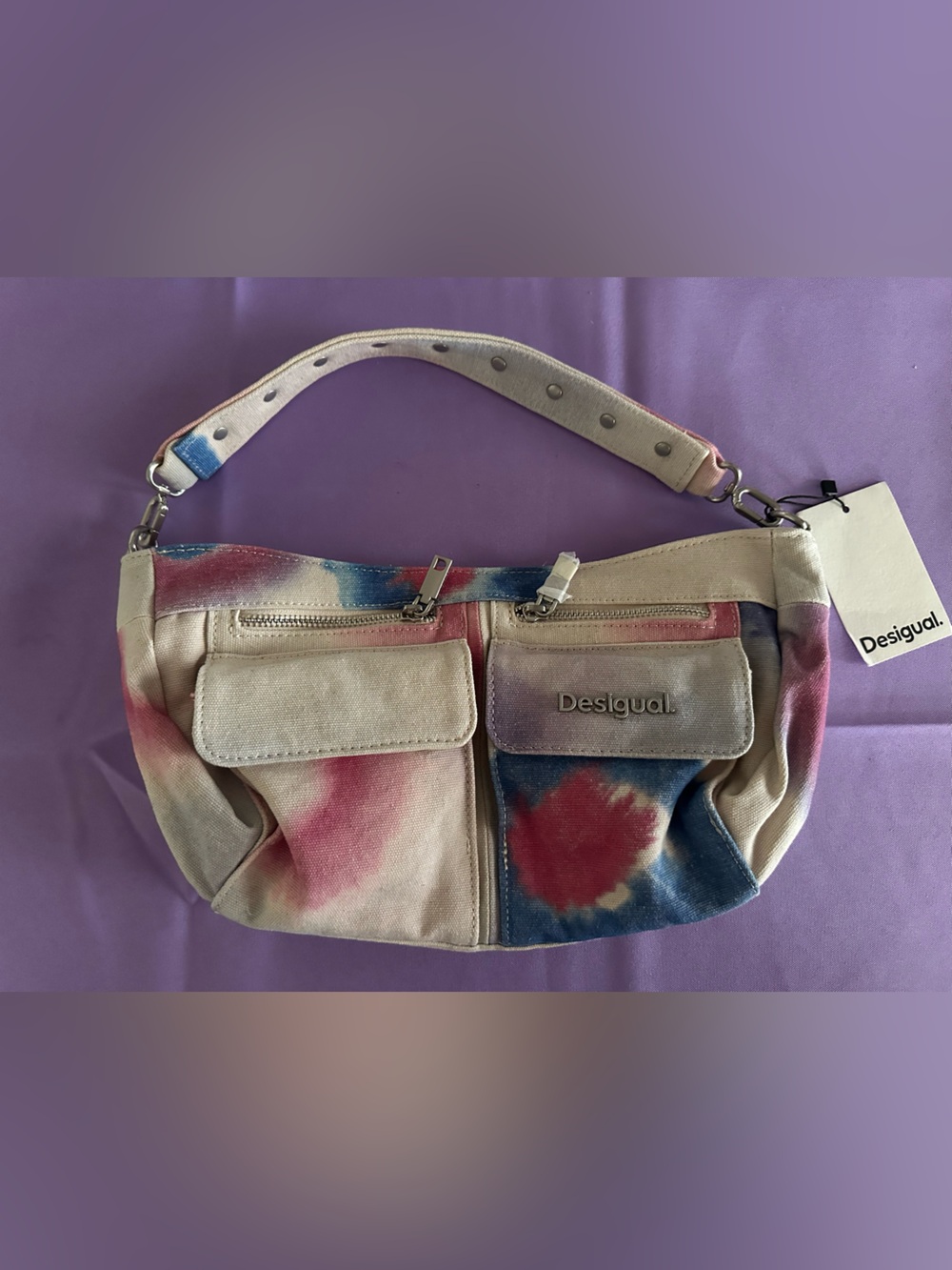 Desigual Canvas Shoulder Bag in Pink, Blue & Cream Tie-Dye